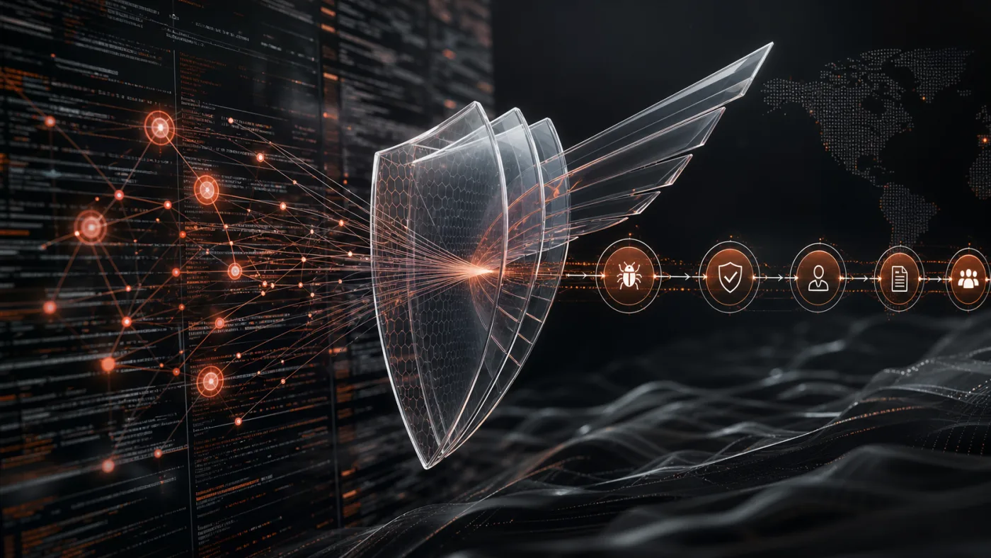 Glass shield and code pipeline visualizing AI-assisted vulnerability discovery and disclosure