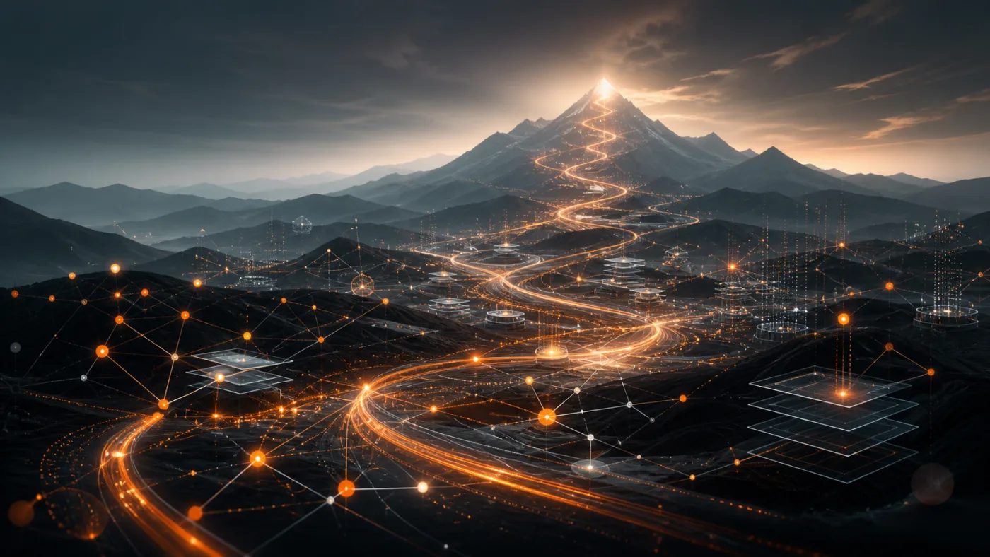 AI agent workflow paths rising through dark mountain foothills toward a bright summit