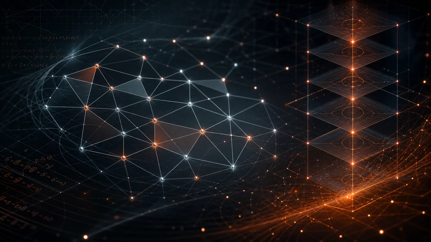 Abstract unit-distance geometry network with algebraic number theory layers in dark orange light